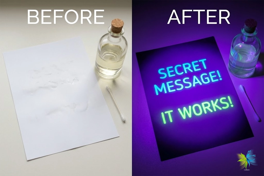 Before and after comparison of DIY invisible ink glowing neon blue under a UV black light on paper.