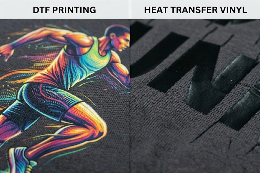 Close-up view of DTF vs Vinyl printing texture on cotton fabric