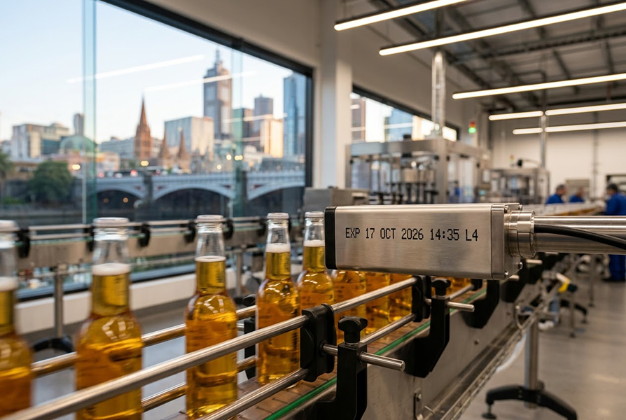 CIJ inkjet printer coding on glass bottles in a busy Melbourne manufacturing facility