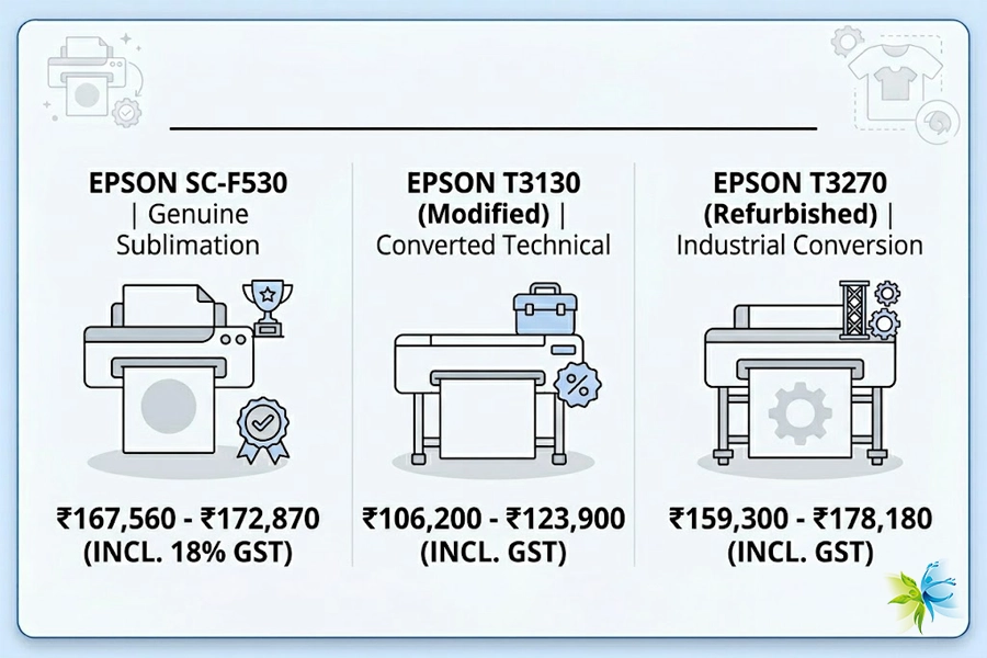 Minimalist price lookup chart for Epson 24-inch sublimation printers in India. Total prices for F530, T3130, and T3270 including GST.