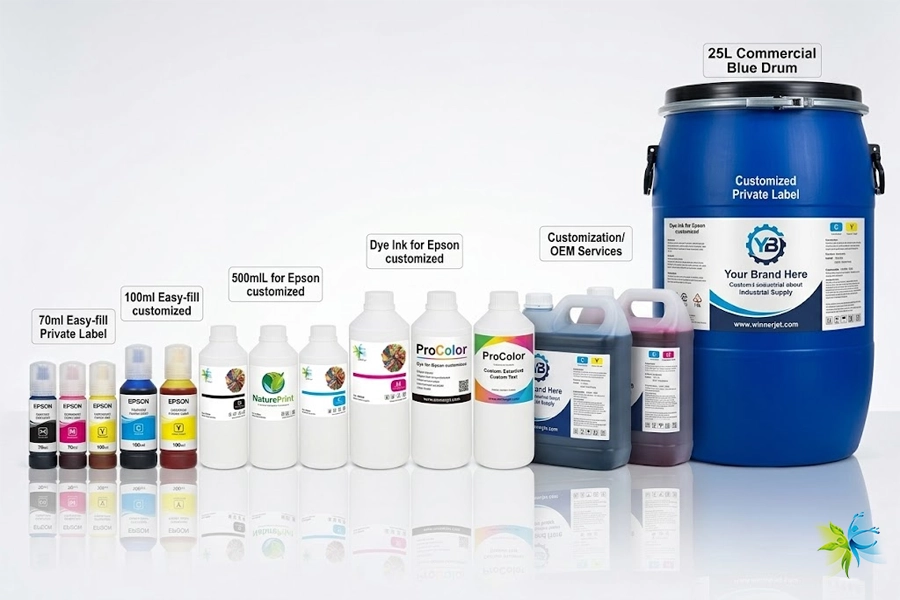 Customized ink packaging options for Epson including 70ml EcoTank bottles and 25L bulk drums for OEM and private label brands.
