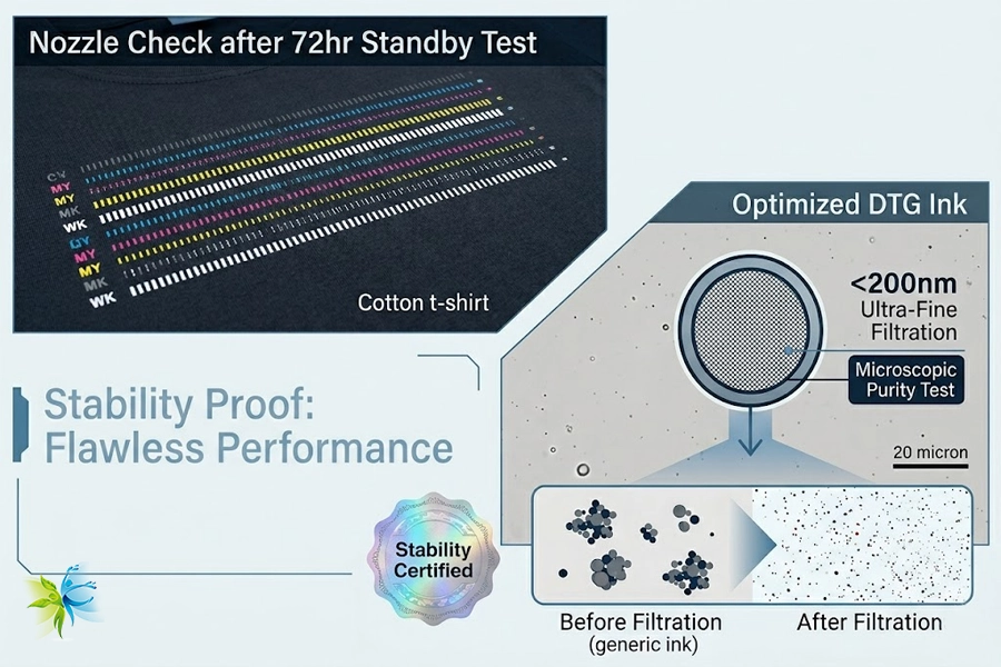 A perfect nozzle check result after a 72-hour standby test using customized DTG ink on a modified Epson printer.