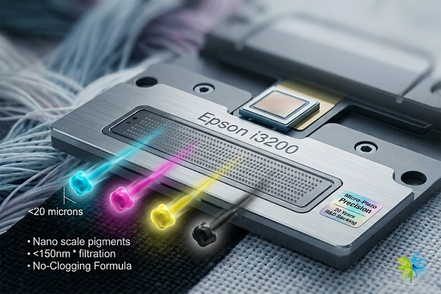 Detailed view of Epson i3200 printhead nozzles highlighting the precision required for customized DTG ink compatibility.
