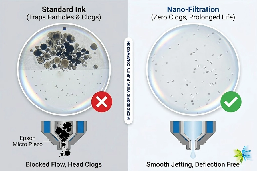 Comparison of standard ink vs Winnerjet high quality dye ink showing 0.1 micron triple filtration for Epson printhead protection.