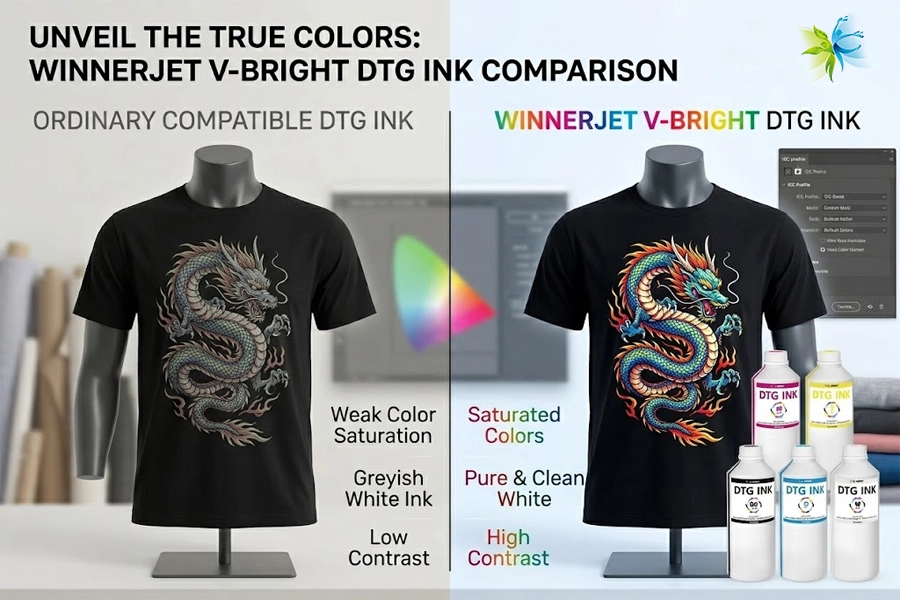 Color vibrancy comparison between standard third-party ink and Winnerjet V-Bright DTG ink on a dark cotton garment.