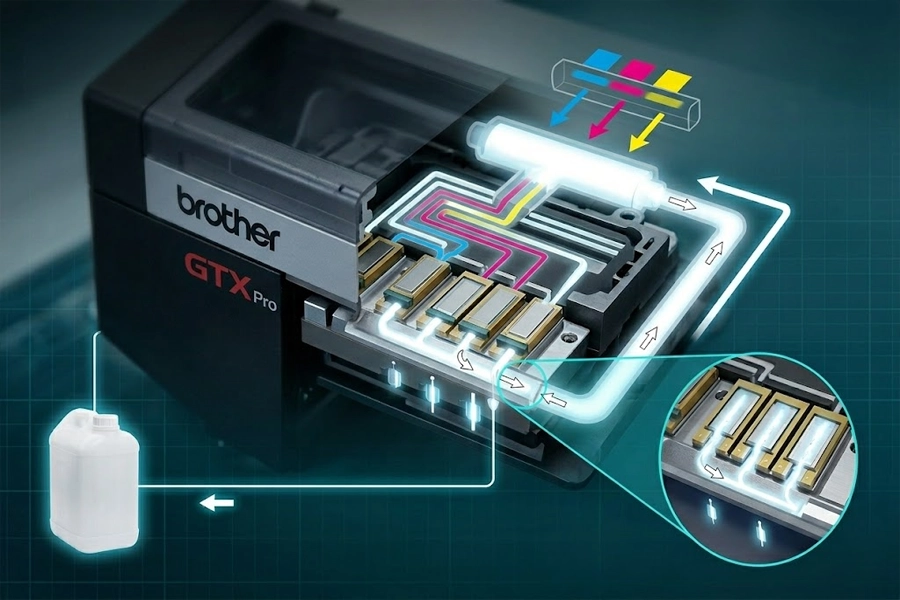 3D cutaway diagram of a Brother micro-piezo printhead, with a magnified inset showing the continuous internal white ink recirculation loop from the bulk bottle to the nozzles, preventing Titanium Dioxide settlement.