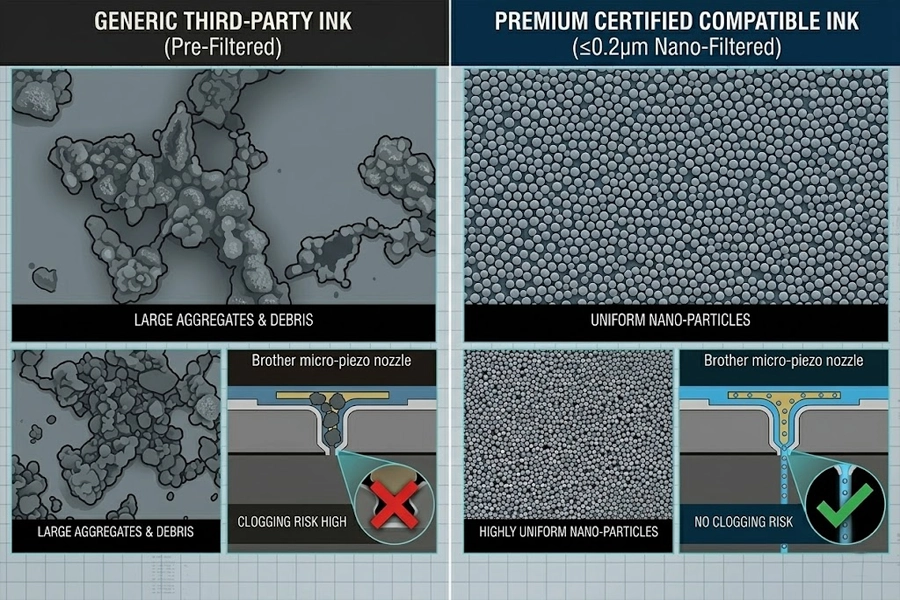 A microscopic comparison chart showing the uniform, sub-micron particle distribution of premium compatible bulk ink (right, with green checkmark and 'No Clogging Risk') versus the irregular, aggregated particles of generic ink (left, with red X).