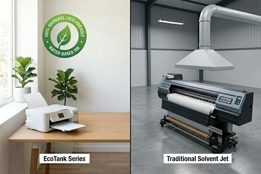 Comparison between water-based eco-solvent ink and traditional eco-solvent ink printing environments.