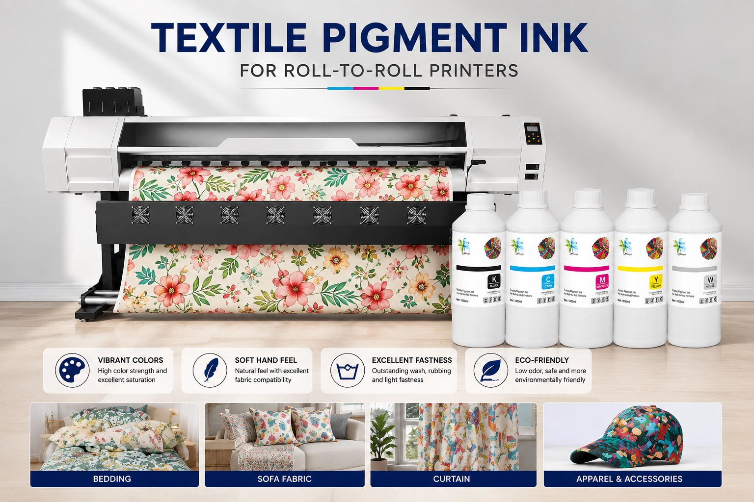 Textile pigment ink for industrial-grade roll-to-roll printers