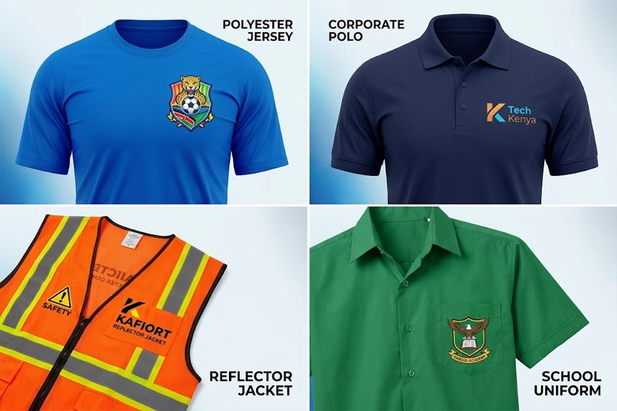 High-demand apparel printing applications in Kenya including polyester sportswear, reflector jackets, and corporate uniforms.