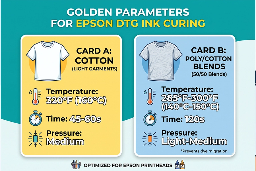 Infographic chart showing recommended temperature and time parameters for curing Epson DTG inks on cotton and polyester blends.