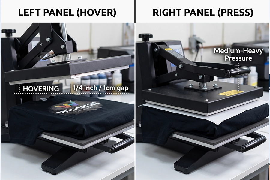 Demonstration of hovering vs. pressing methods to dry and cure water-based DTG inks on an Epson printer setup.