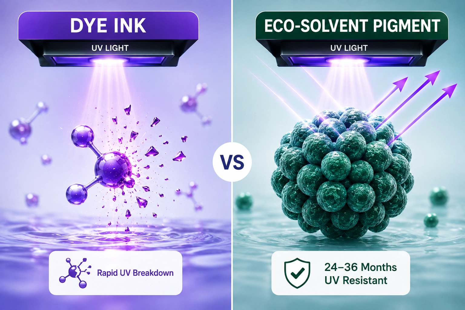 Eco-solvent pigment particles vs dye ink molecules under UV light