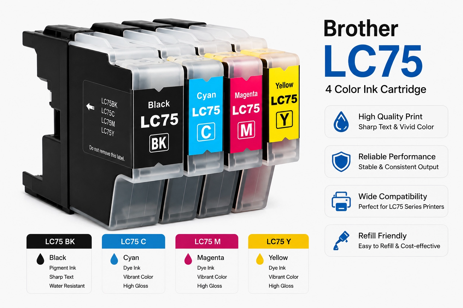 Brother LC75 high yield dye based ink cartridges in four colors