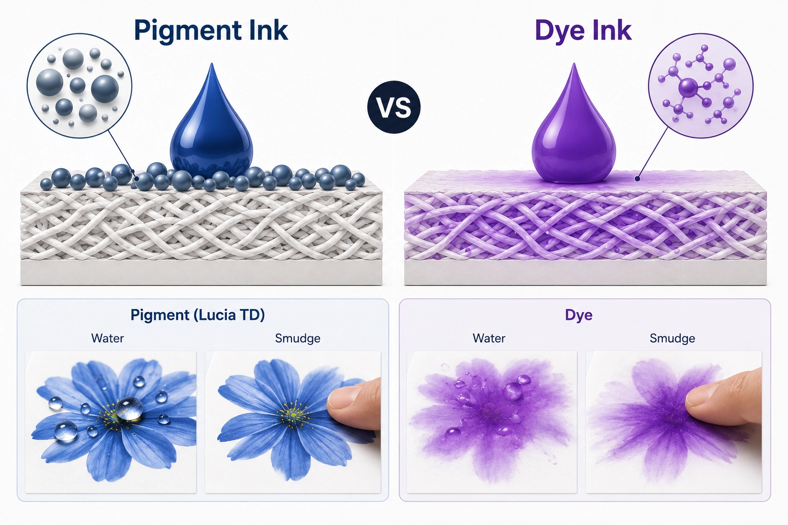 Difference between pigment ink particle suspension and dye ink absorption
