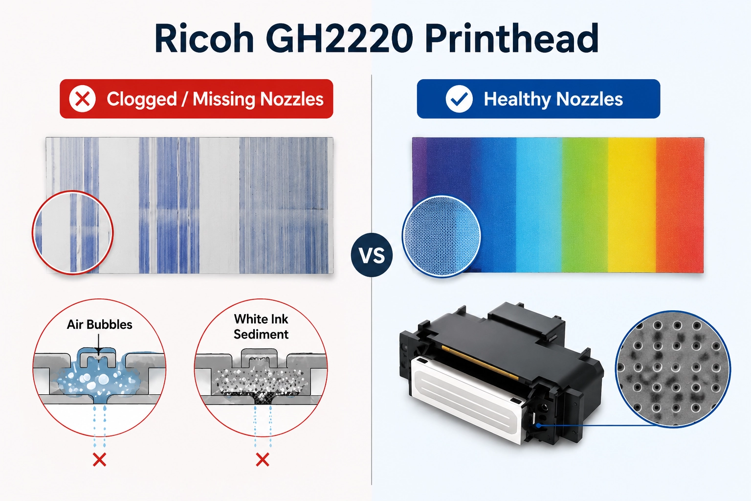 Ricoh GH2220 printhead nozzle structure and micro bubble ink starvation risk