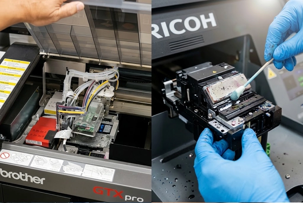 DTG printhead maintenance and white ink circulation system Brother GTX Pro vs Ricoh Ri 1000