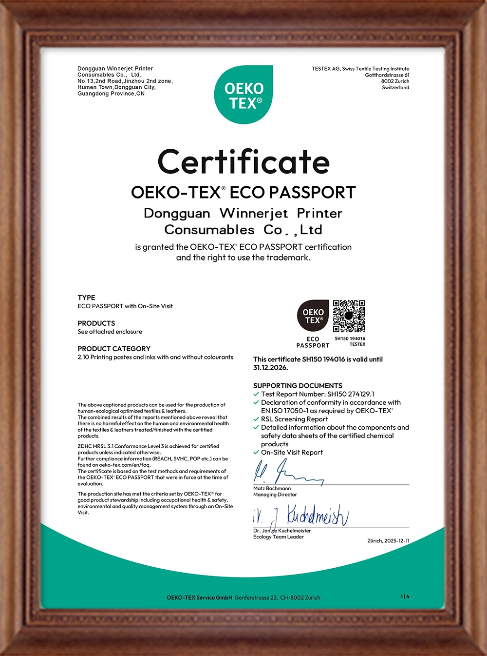 OEKO-TEX ECO PASSPORT Certificate for Winnerjet DTG Inks
