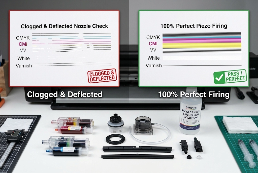 Secondhand UV DTF printer inspection guide checking Epson printhead nozzle health in Nepal