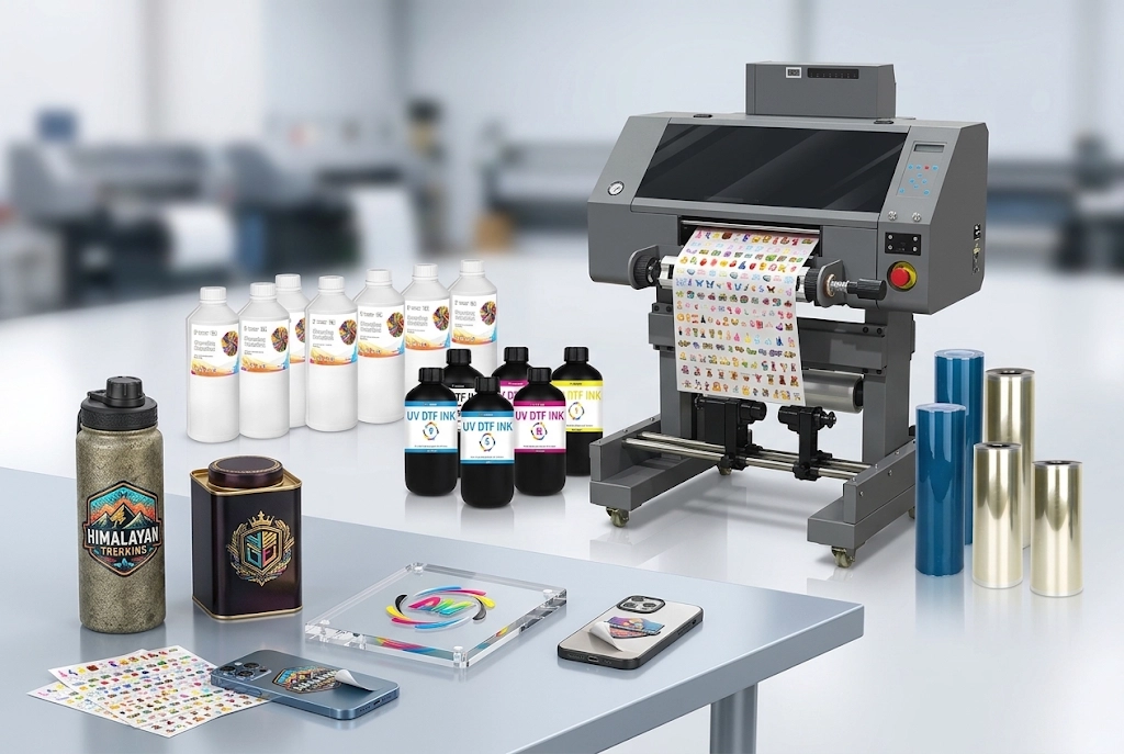 Winnerjet complete UV DTF printing kit with 0.2 micron inks, AB films, and transfer samples on metal and glass